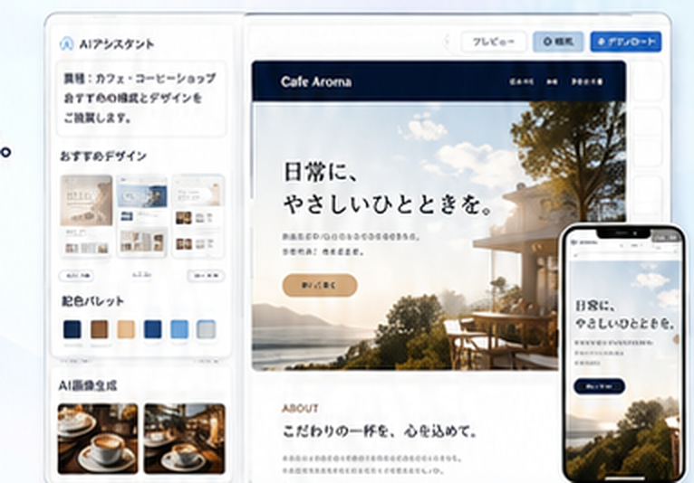 AIが構成・配色・画像を提案し、完成したホームページをプレビューしている画面イメージ