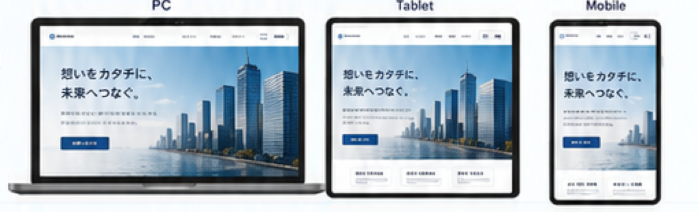 PC Tablet Mobileで同じホームページを確認しているイメージ